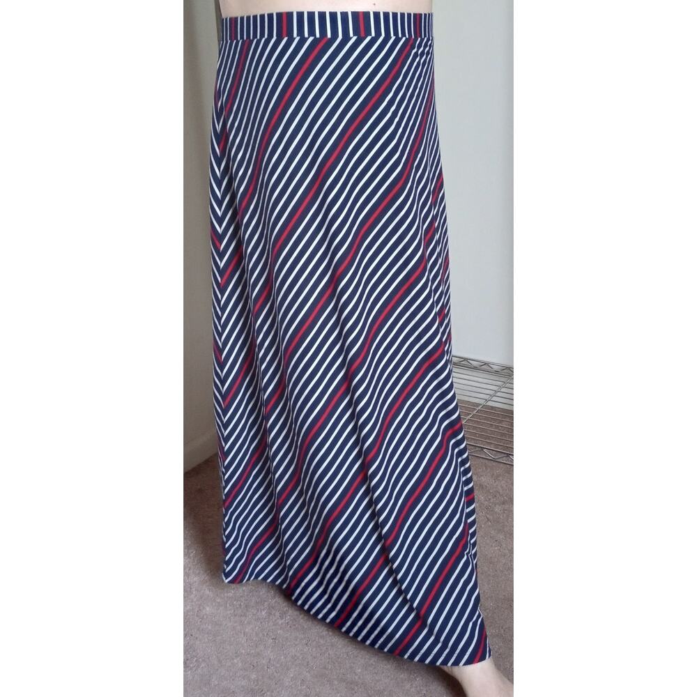 roz & ali Navy, White, Red Striped Maxi Skirt 1X